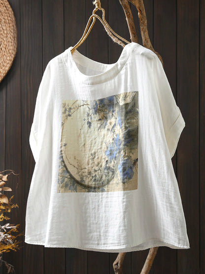Shirt Summer Print Women Cotton O-Neck Casual