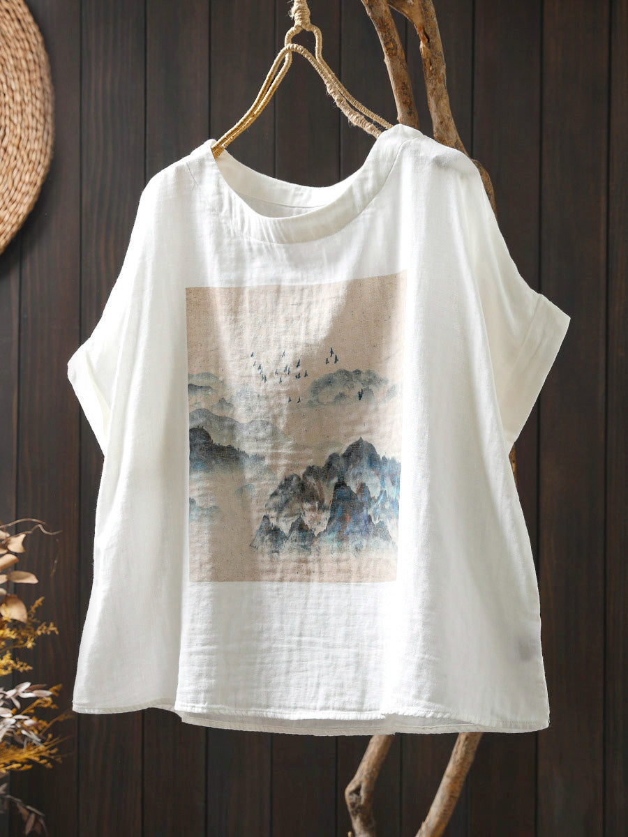 Shirt Summer Print Women Cotton O-Neck Casual
