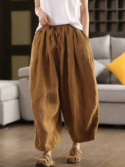 Pants Women Casual Summer Color 100%Linen Pure Wide-leg
