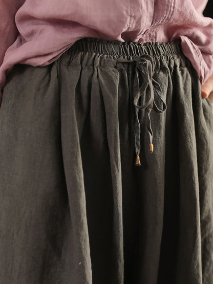 Pants Women Casual Summer Color 100%Linen Pure Wide-leg