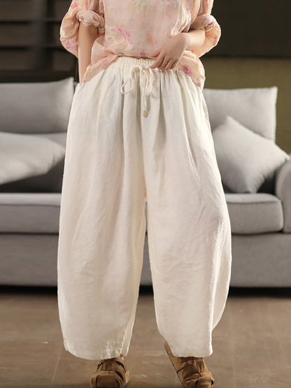 Pants Women Casual Summer Color 100%Linen Pure Wide-leg