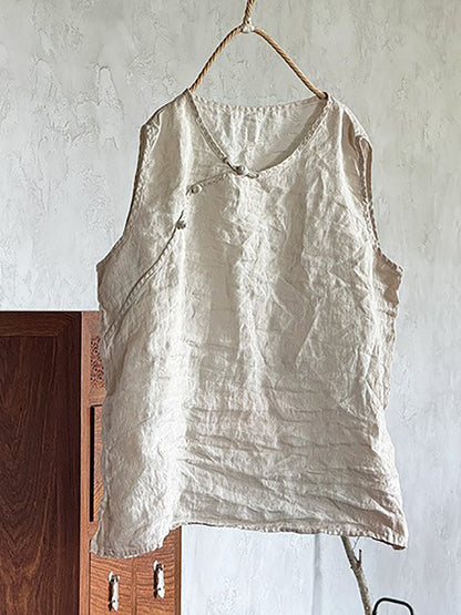 Women Pure Vest 100%Linen Summer O-Neck Color