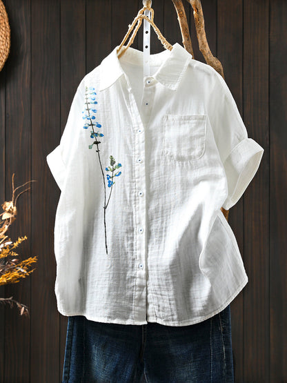 Shirt Tun-down 100%Cotton Artsy Women Flower Collar