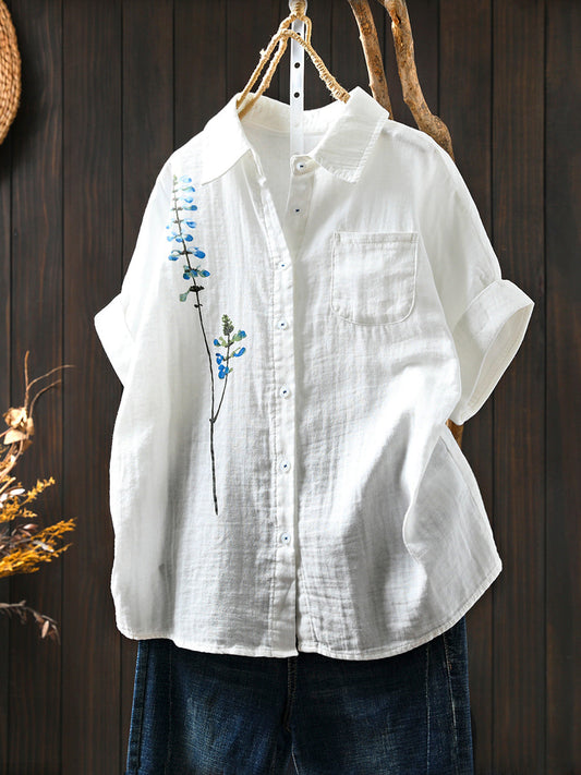 Shirt Tun-down 100%Cotton Artsy Women Flower Collar