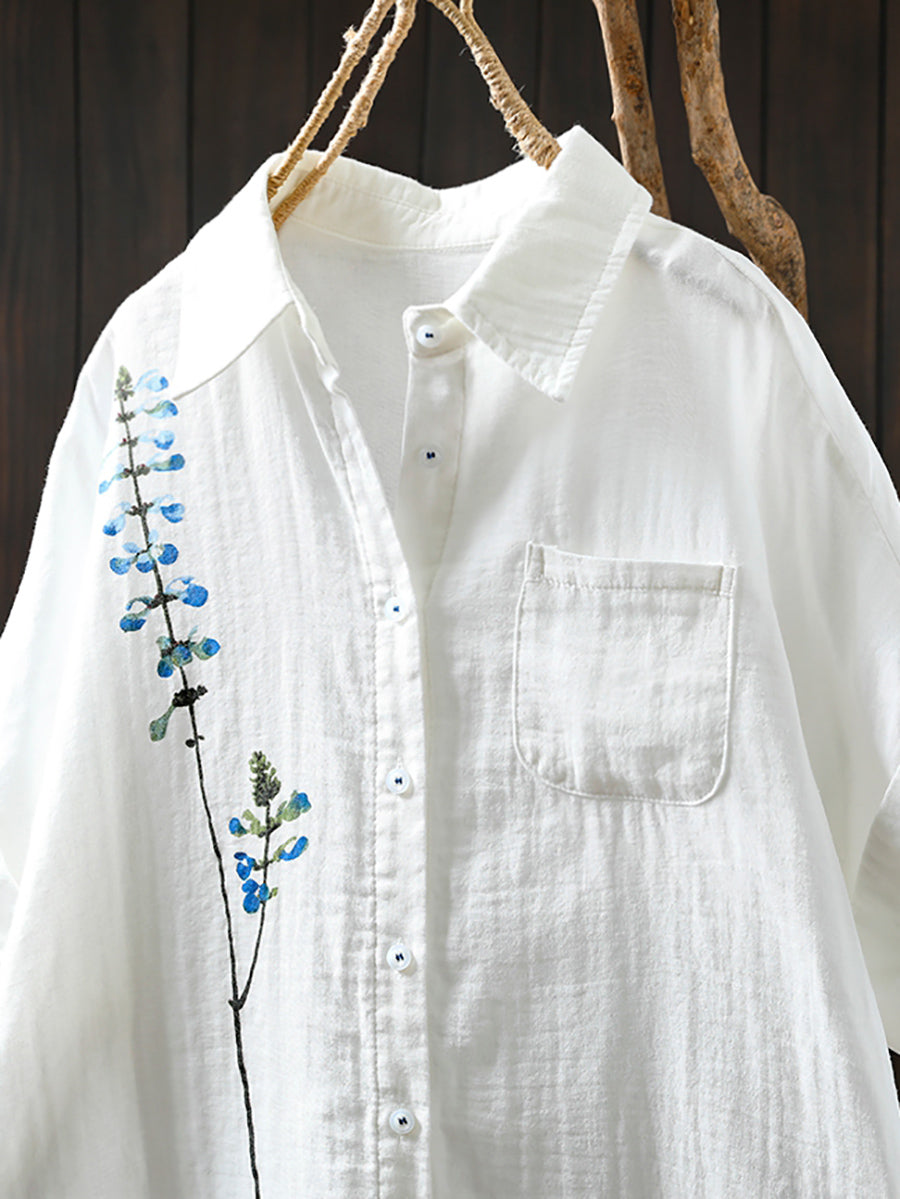 Shirt Tun-down 100%Cotton Artsy Women Flower Collar