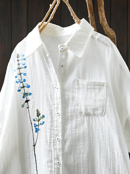 Shirt Tun-down 100%Cotton Artsy Women Flower Collar