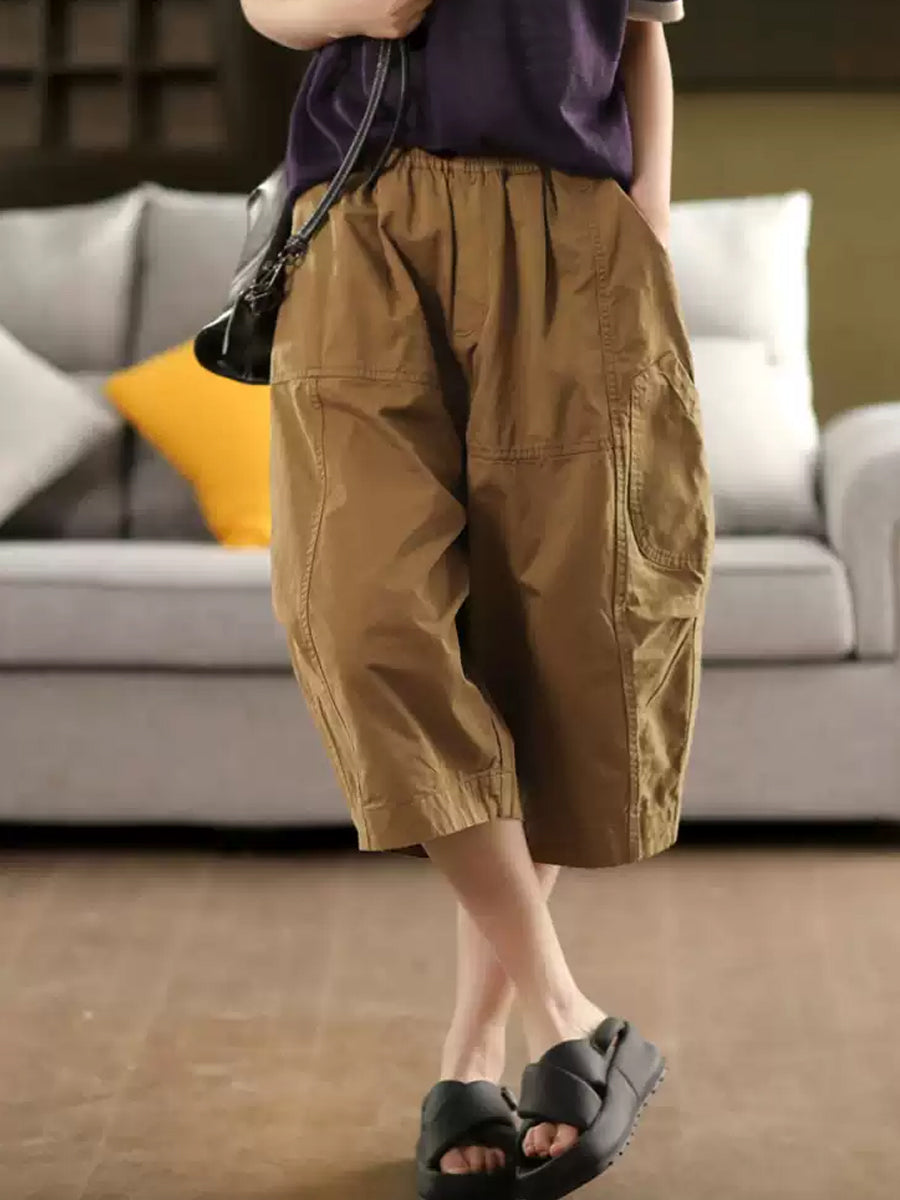 Pure Color Casual 100%Cotton Cropped Pants Women