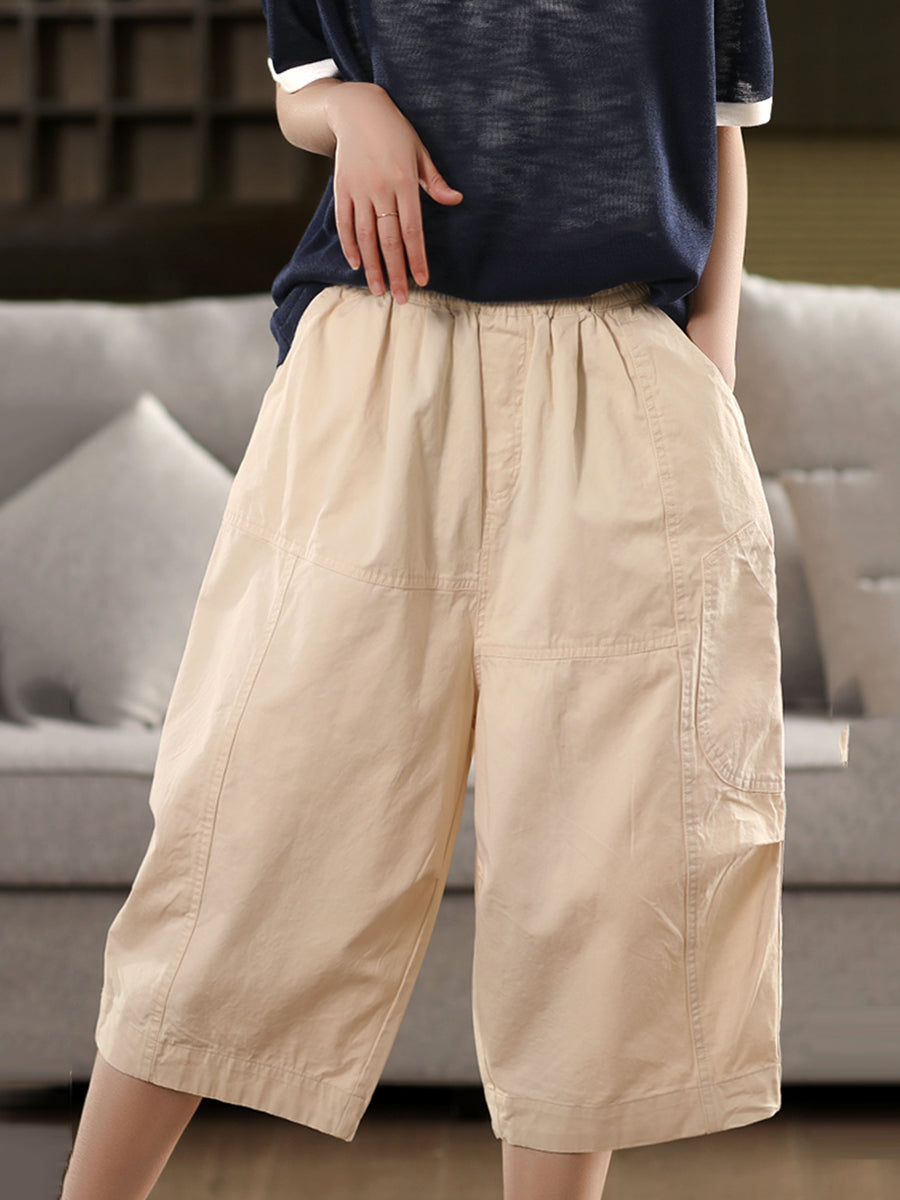 Pure Color Casual 100%Cotton Cropped Pants Women