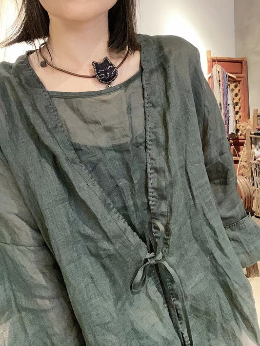 Pure Shirt Women V-Neck Ramie Summer Vintage Color