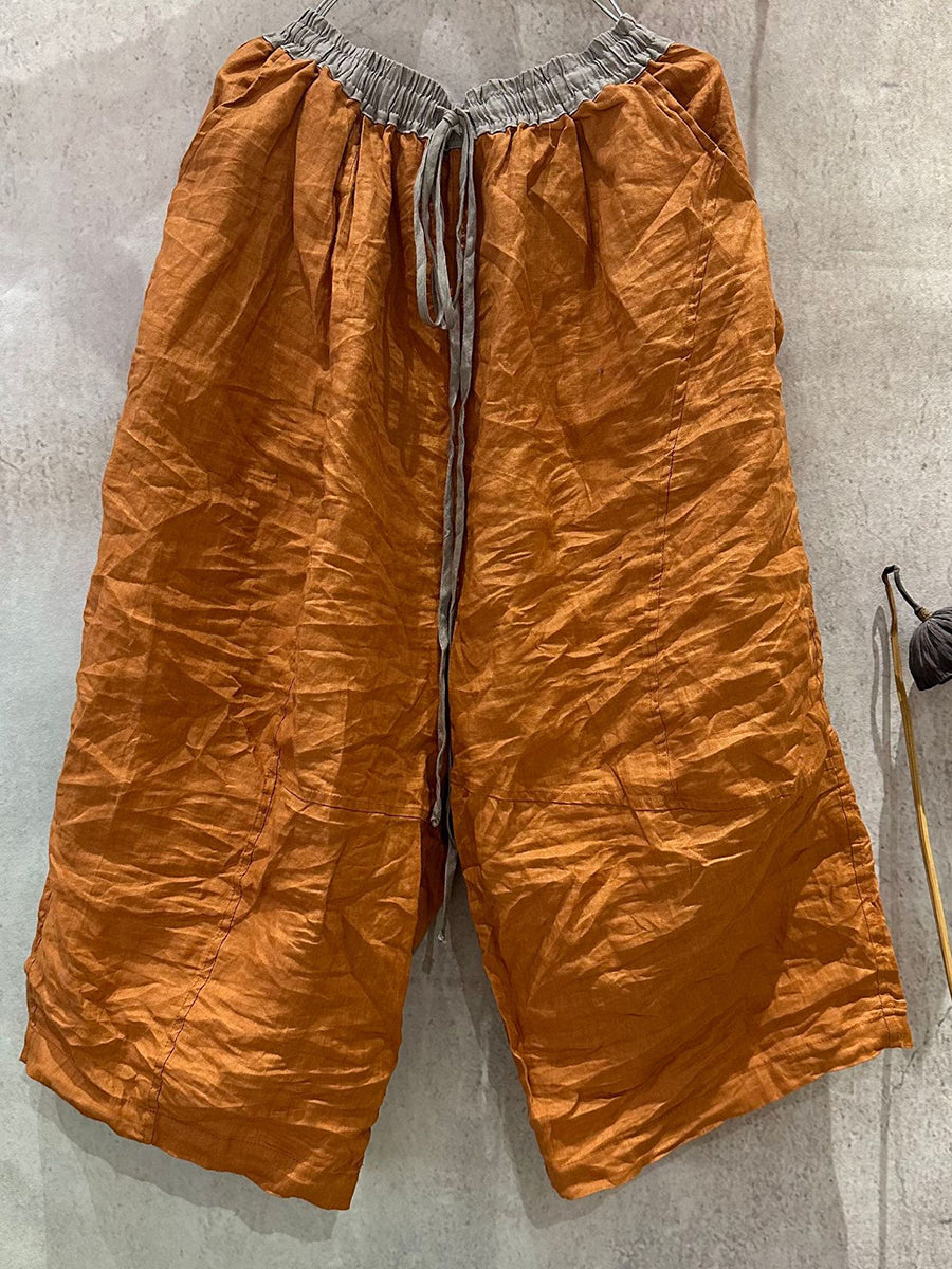 Summer Wide-leg Pants Colorblock Women Linen