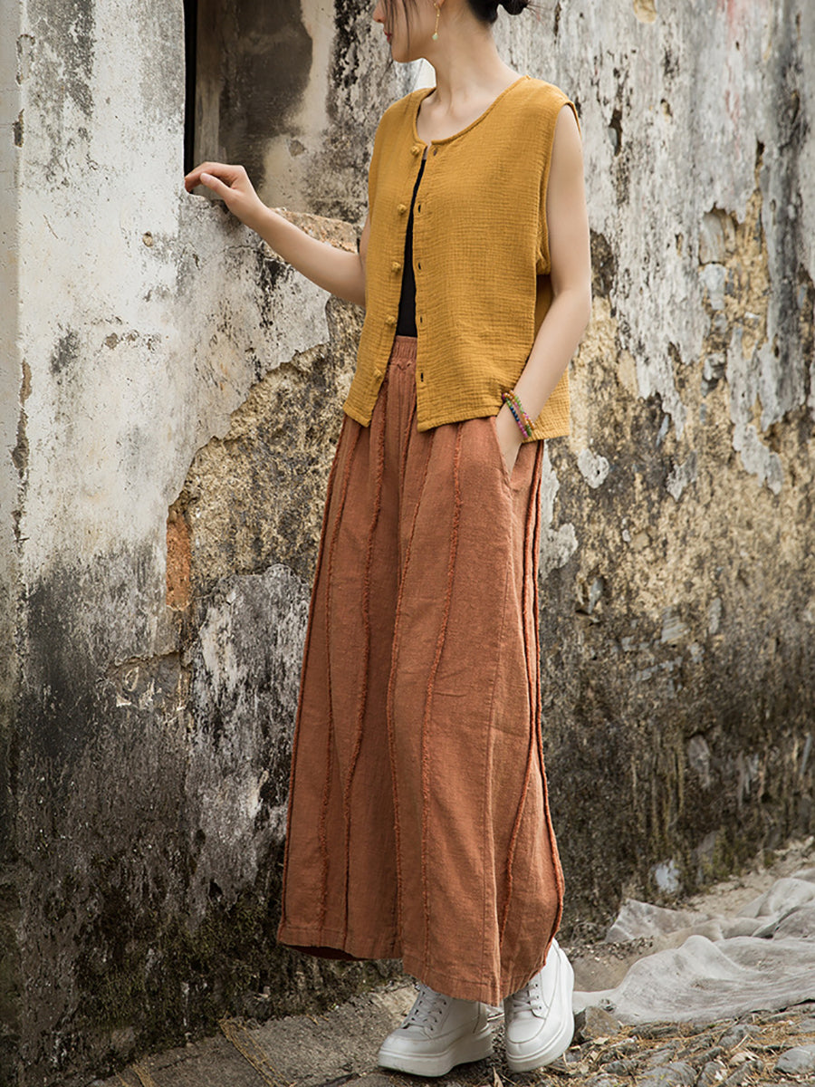 Wide-leg Ramie Summer Women Pants Raw-edge Worn