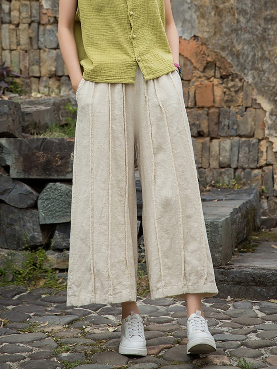 Wide-leg Ramie Summer Women Pants Raw-edge Worn
