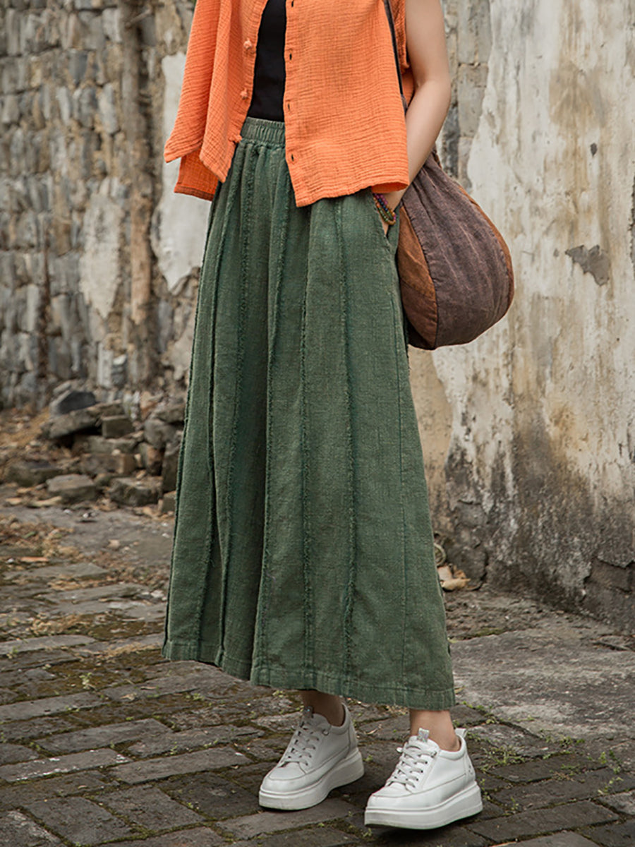 Wide-leg Ramie Summer Women Pants Raw-edge Worn