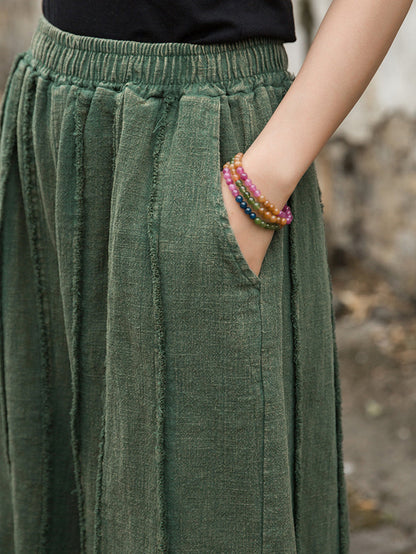 Wide-leg Ramie Summer Women Pants Raw-edge Worn