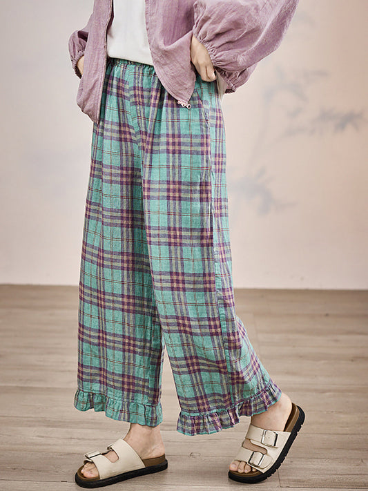 Artsy Pants Straight Women Summer Plaid 100%Linen