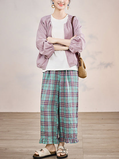 Artsy Pants Straight Women Summer Plaid 100%Linen