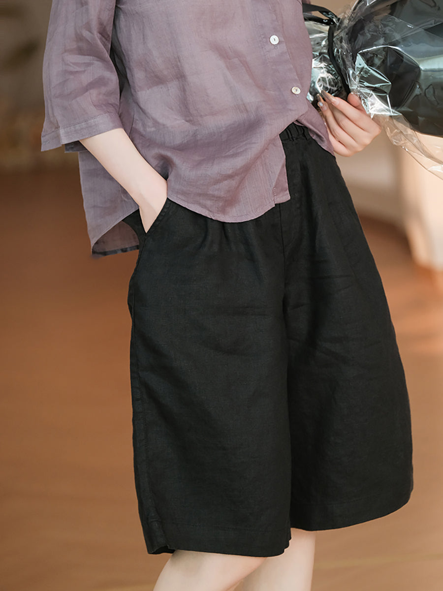 Women Casual Color 100%Linen Pure Fifth Summer Pants