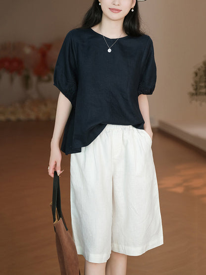 Women Casual Color 100%Linen Pure Fifth Summer Pants