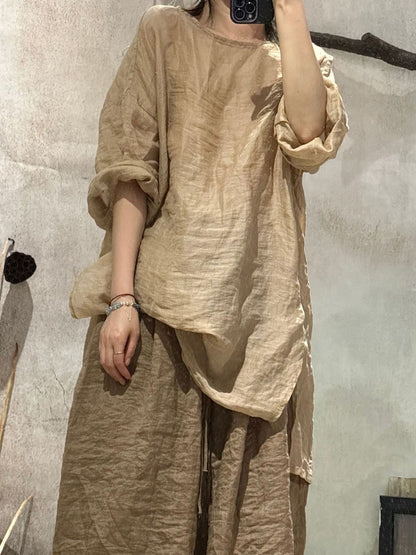 Women Artsy Shirt Ramie Summer O-Neck Pure Color