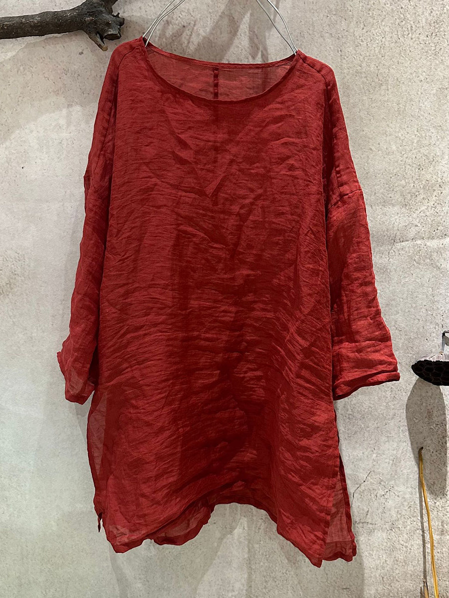 Women Artsy Shirt Ramie Summer O-Neck Pure Color