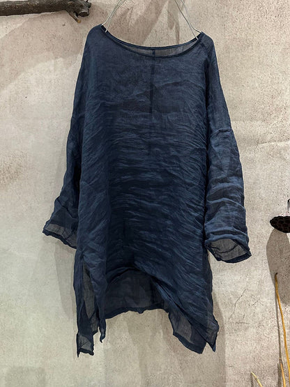 Women Artsy Shirt Ramie Summer O-Neck Pure Color