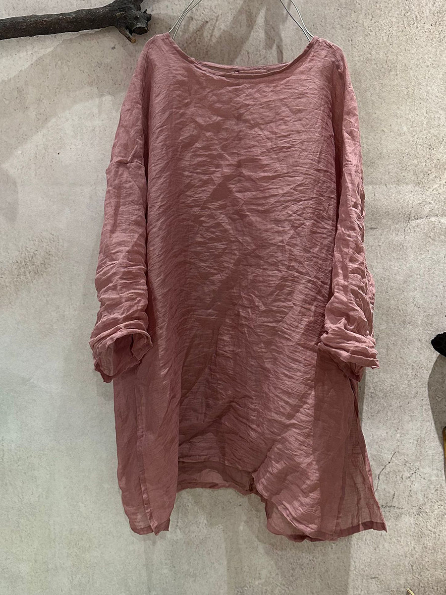 Women Artsy Shirt Ramie Summer O-Neck Pure Color