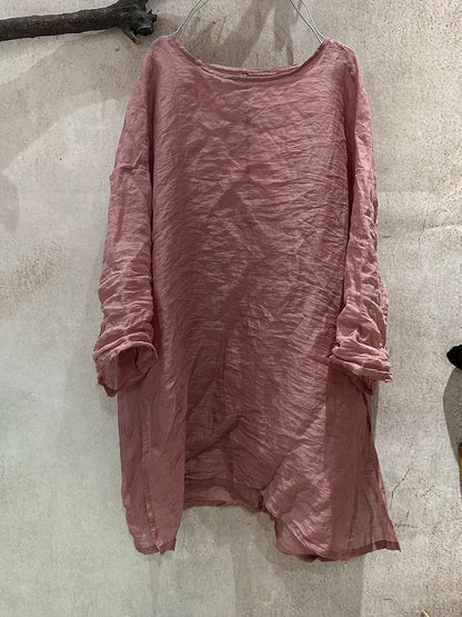 Women Artsy Shirt Ramie Summer O-Neck Pure Color