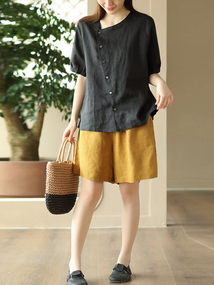 Thin Color Women Summer Shirt Pure Casual O-Neck