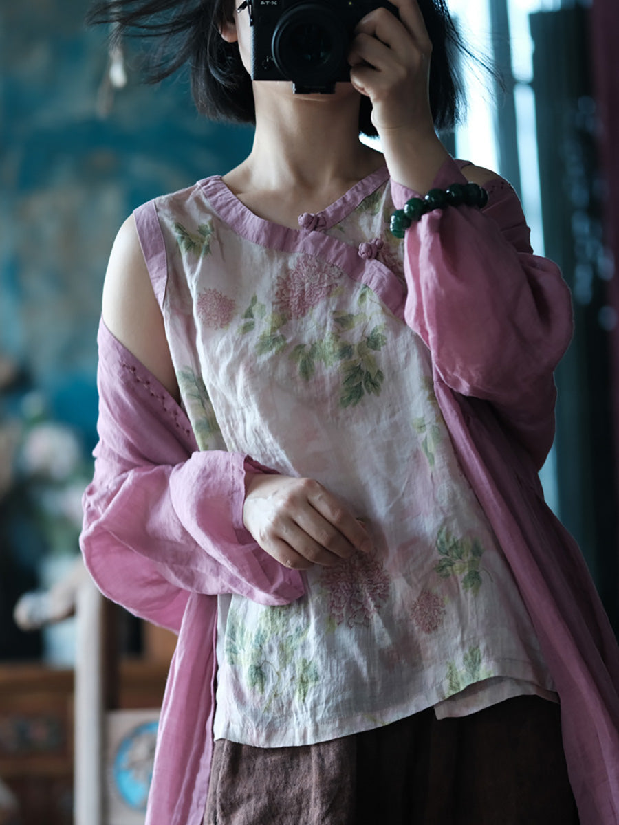 Women Summer Vintage Vest Flower O-Neck
