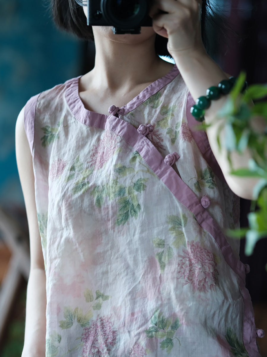 Women Summer Vintage Vest Flower O-Neck