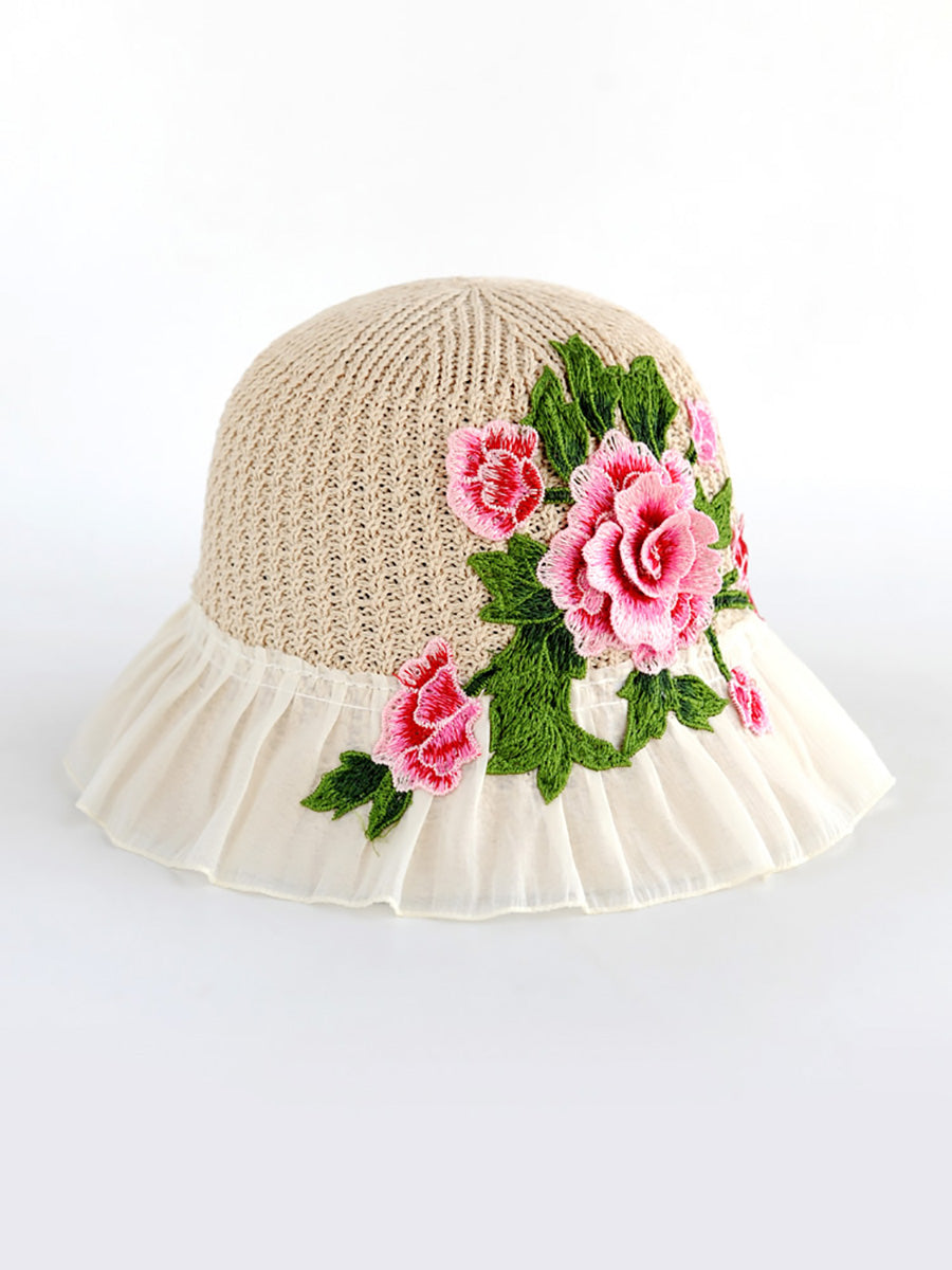 Flower Lace Spliced Women Sunproof Embroidery Ethnic Hat