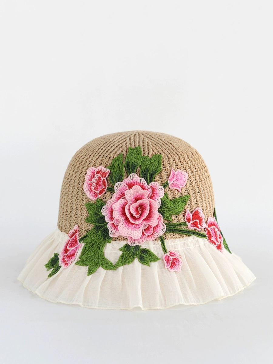 Flower Lace Spliced Women Sunproof Embroidery Ethnic Hat