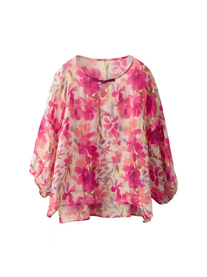 Flower Summer Shirt 100%Ramie O-Neck Artsy Women