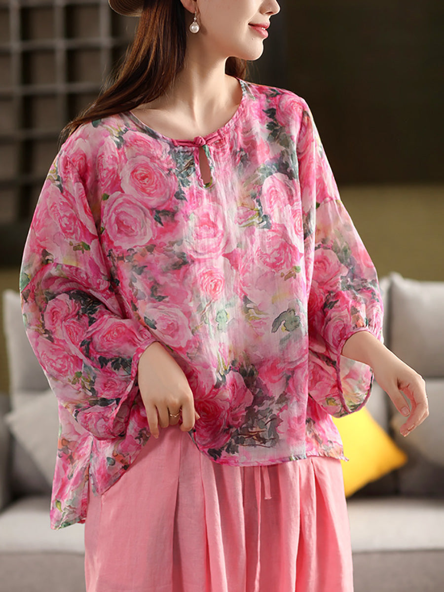 Flower Summer Shirt 100%Ramie O-Neck Artsy Women