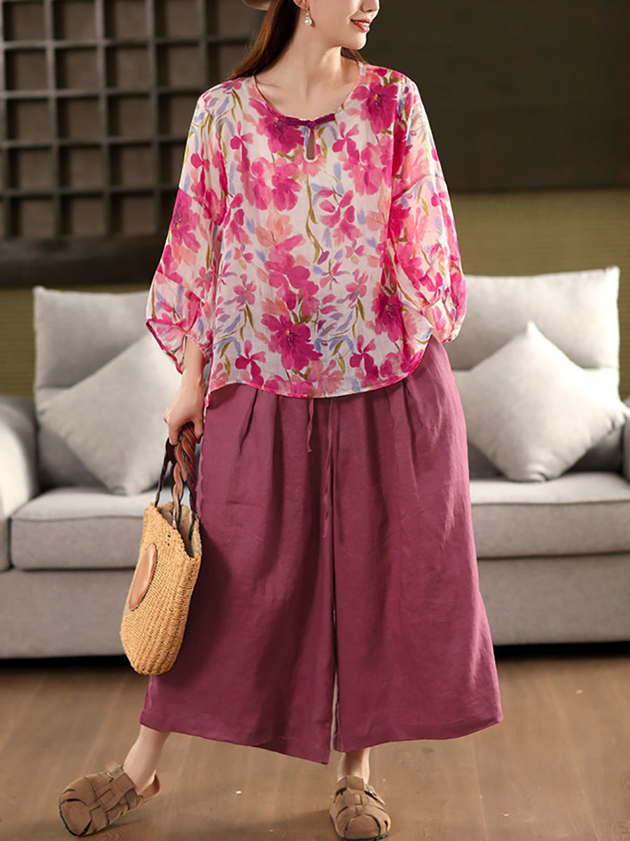 Flower Summer Shirt 100%Ramie O-Neck Artsy Women