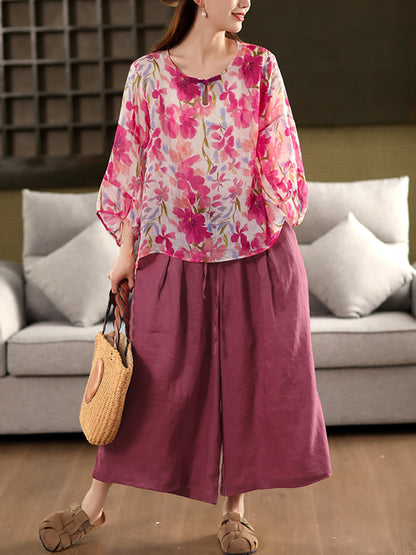 Flower Summer Shirt 100%Ramie O-Neck Artsy Women