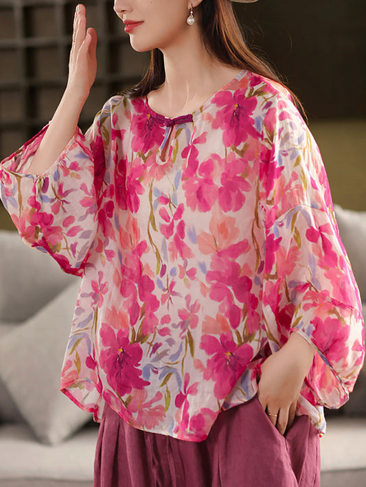 Flower Summer Shirt 100%Ramie O-Neck Artsy Women