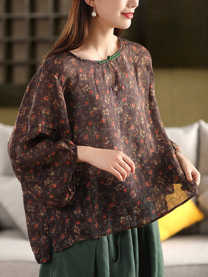 Flower Summer Shirt 100%Ramie O-Neck Artsy Women