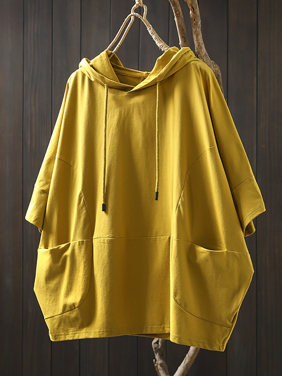 Shirt Women Summer Casual 100%Cotton Pure Color Hooded