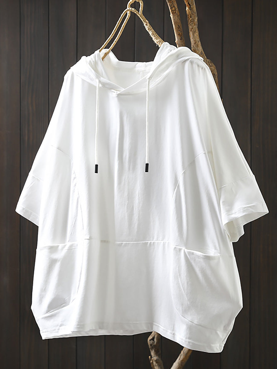 Shirt Women Summer Casual 100%Cotton Pure Color Hooded