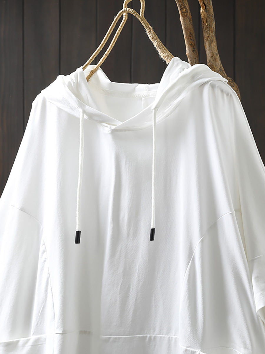 Shirt Women Summer Casual 100%Cotton Pure Color Hooded