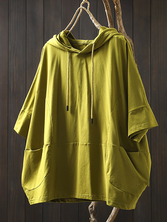 Shirt Women Summer Casual 100%Cotton Pure Color Hooded