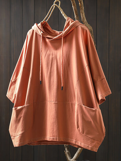 Shirt Women Summer Casual 100%Cotton Pure Color Hooded