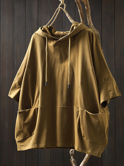 Shirt Women Summer Casual 100%Cotton Pure Color Hooded