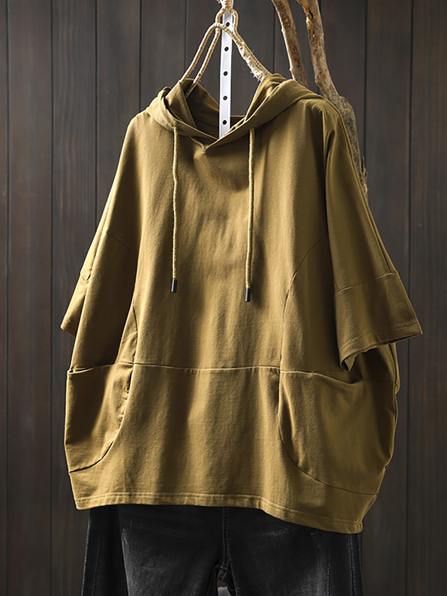 Shirt Women Summer Casual 100%Cotton Pure Color Hooded