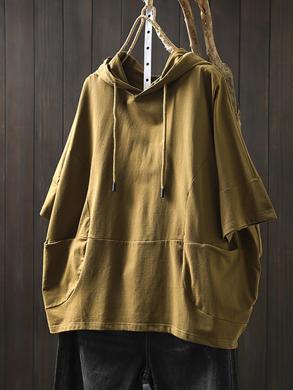 Shirt Women Summer Casual 100%Cotton Pure Color Hooded