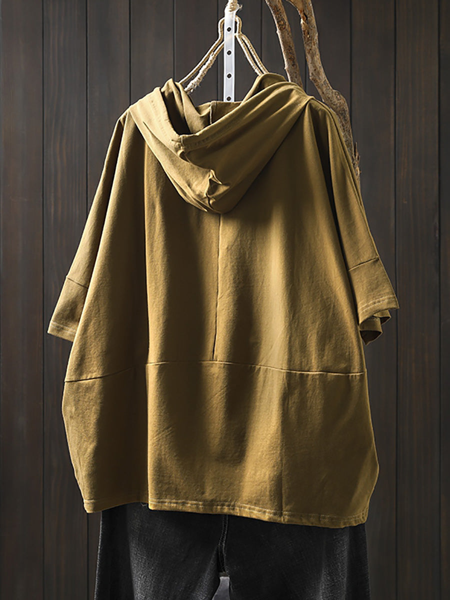 Shirt Women Summer Casual 100%Cotton Pure Color Hooded