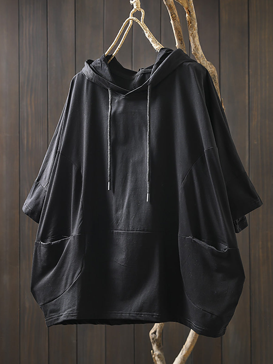 Shirt Women Summer Casual 100%Cotton Pure Color Hooded