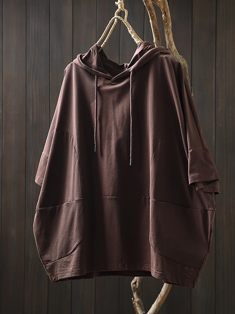 Shirt Women Summer Casual 100%Cotton Pure Color Hooded