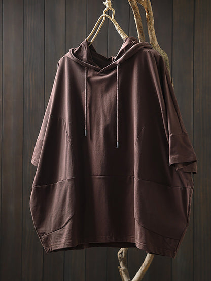 Shirt Women Summer Casual 100%Cotton Pure Color Hooded